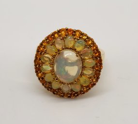 Premium Ethiopian Welo Opal, Fire Opal Cocktail Ring In Yellow Gold Over Sterling