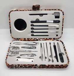 18 Piece Grooming & Cosmetic Manicure Kit In Leopard Pattern Case