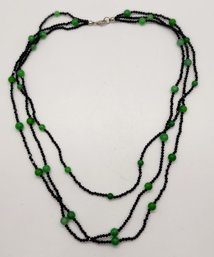 Black Spinel, Green Jade Beaded Necklace In Sterling