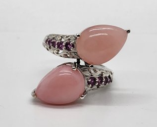 Peruvian Pink Opal, Rhodolite Garnet Bypass Ring In Platinum Over Sterling