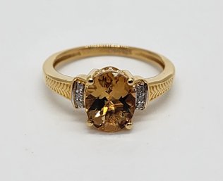 Golden Scapolite, Diamond Ring In Yellow Gold Over Sterling