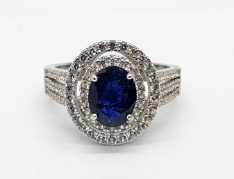 Blue Sapphire,White Zircon, Rhodium Over Sterling Ring