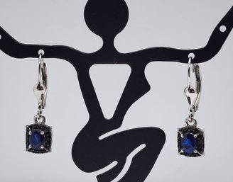 Tanzanian Blue Spinel (DF), Thai Black Spinel Lever Back Earrings In Platinum Over Sterling