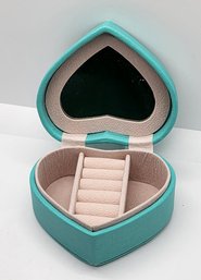 Turquoise Blue Faux Leather Heart Shaped Jewelry Box With Mirror & 5 Ring Row