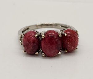 Thulite, Diamond 3 Stone Ring In Platinum Over Sterling