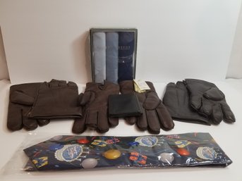 Men's Accessory Lot: Leather Gloves, Geoffrey Beene Handkerchiefs, Leather Wallet & Happy Birthday Tie