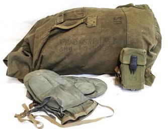 Set Of Vintage Military Field Duffle Bag, M-16 Mag Pouch And 1955 Winter Padded/waterproof Gloves