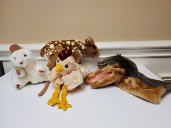 Four Assorted Hand Puppets - Folkmanis White Mouse, Fawn & Chicken Puppets & Dakin Wolf