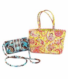 Vintage Vera Bradley Cross Body Wallet And Limited Edition Yellow/pink Silk Paisley Clutch Handbag