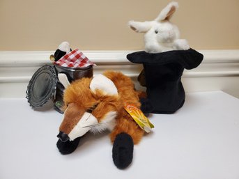 Trio Of Folkmanis Hand Puppets - Red Fox, Rabbit In The Hat & Rat In Tin Can - All With Tags