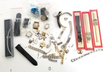 Vintage Assortment Of Watch Parts For Repair/repurpose: Bands, Movements, Faces