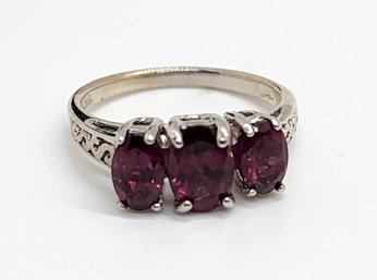 Orissa Rhodolite Garnet 3 Stone Ring In Platinum Over Sterling