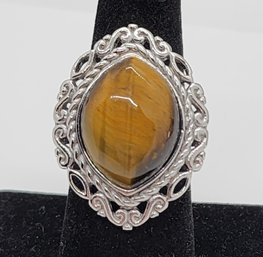 Tigers Eye Solitaire Ring In Rhodium Over Sterling