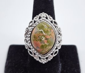 Unakite Solitaire Ring In Rhodium Over Sterling