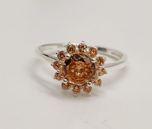 Simulated Champagne Diamond Sunburst Ring In Sterling