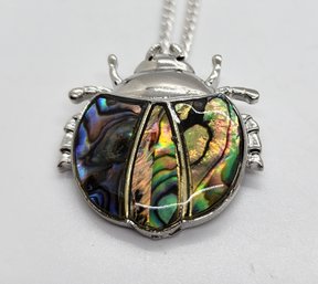 Abalone Shell Ladybug Pendant Necklace In Silvertone