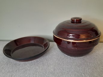 Brown Glazed Pottery Bowl And Pan Lot