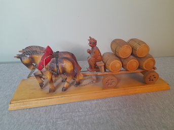 Wood Carved Horse Pulled Wagon With Barrels Sculpture