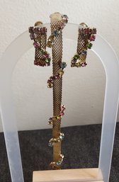 Unique Fashion Multicolor Stone Mesh Bracelet And Screw On Earrings Set