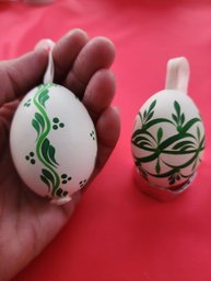 Pair Of Vintage Hand Painted Eggs From Slovakia- Green/white