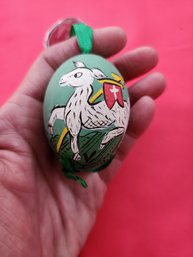 Vintage Hand Painted Egg From Slovakia. Green Egg With Goat And Flowers