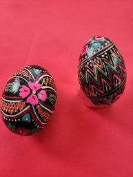 2 Wooden Hand Painted Eggs - Pink/black