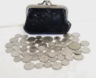 Vintage Black  Leather Double Frame Change Purse With European Coins