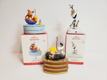 Three HALLMARK Keepsake Holiday Christmas Ornaments-Peanuts, Olaf Frozen & Winnie The Pooh