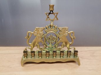 Vintage Solid Brass Lion Hanukkah Chanukah Menorah With Star Of David