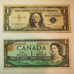 Great Lot Of A 1957 Silver Certicate US Dollar & 1954 Canadian Dollar