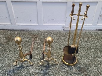 Vintage Pair Of Brass Andirons And Fireplace Tools