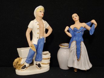 Two Vintage Painted Porcelain With Gold Leaf Accents - Man & Women Figurines - Flower Holders