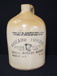 Antique 1906 Mascaro Tonique For The Hair, Rochester, N.Y. Stoneware Beige Crock Jug