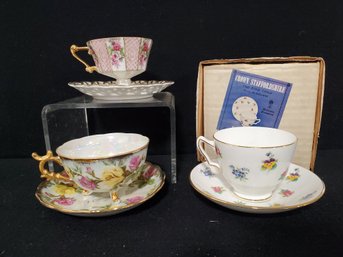 Fine Bone Chine Tea Cups & Saucers - Including Crown Staffordshire Pansy Tea Cups & Fan Crest