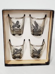 Federal Set Of 4 Shot Game Wild Birds Glasses With Platinum Rim - New Old Stock