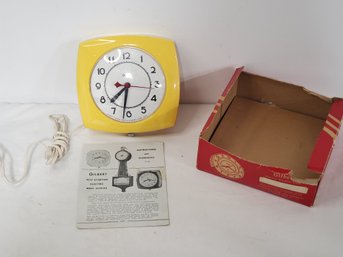 Working Vintage Yellow Gilbert Self Starting Electric Wall Clock Model 105 With Box & Paperwork