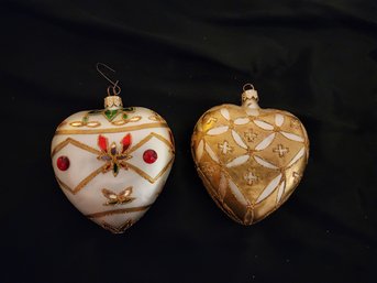 Set Of 2 Stunning X- Large Decorated Glass Heart Ornaments