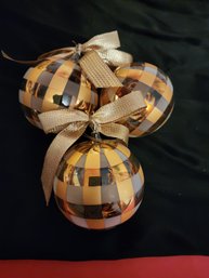 3 Large Plaid Gold Ornaments