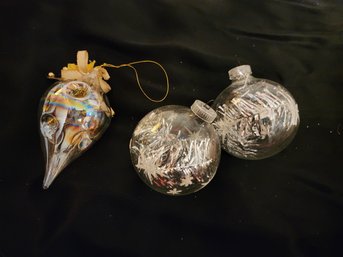 2 Glass Ornament With Tinsel And 1 Blown Glass Ornament