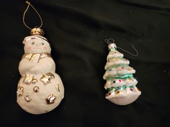 Vintage Christmas Tree And Snowman Ornament Glass