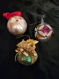 Lot Of 3 Ornaments, Deer, Stained Glass And Green