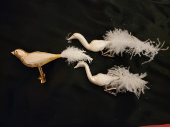 Vintage Czech Glass Bird Clipper Ornaments- 2 White, 1 Gold