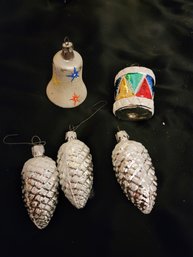 Vintage Glass Ornaments 3 Pine Cones, 1 Bell, 1 Drum