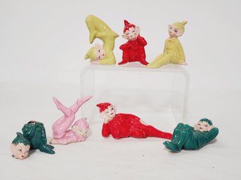 Cute Group Of Colorful Vintage Pottery Pixie Elf Gnomes - See Description
