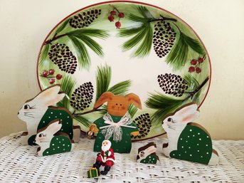 Vintage Holiday Serving Plate With Hand Painted Assortment Of Animal Figurines And More