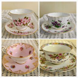 Four Tea Cups - 3 From England Violets By Adderley, Pink/White Queen Anne, All Pink Grosvenor, 2 From Czech