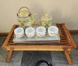 Vintage Wicker Tray And Glass Tray With Chinese Teapot And Four Teacups