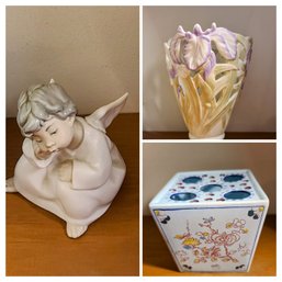 #4539 Lladro Of Angel Thinking, Vintage Lennox Vase And Pretty Ceramic Flower Pot