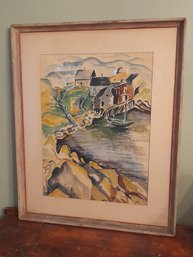 Signed Watercolor- Landscape View Of A Boat In The Water