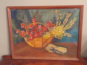 Signed Oil On Board- Basket Of Flowers